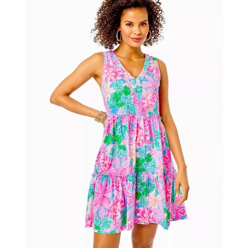 Lilly Pulitzer Lorina Swing Dress Small Pink Blue Floral Cotton Tiered 007287